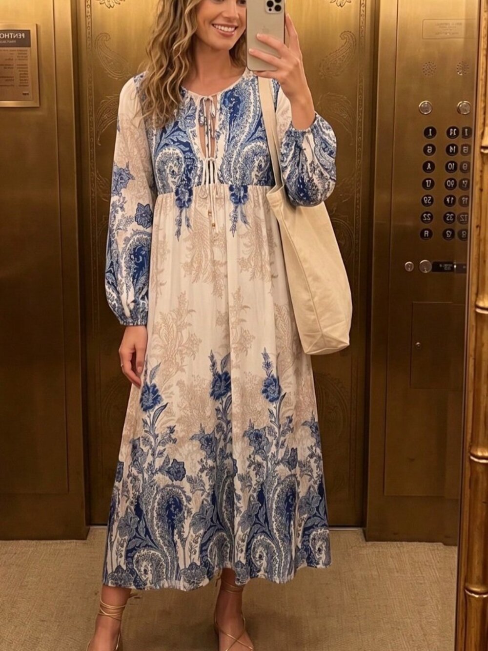 Blue Boho Women's Floral Lantern Sleeve Tie V-Neck A-Line Maxi Dress - Picture 4 of 5